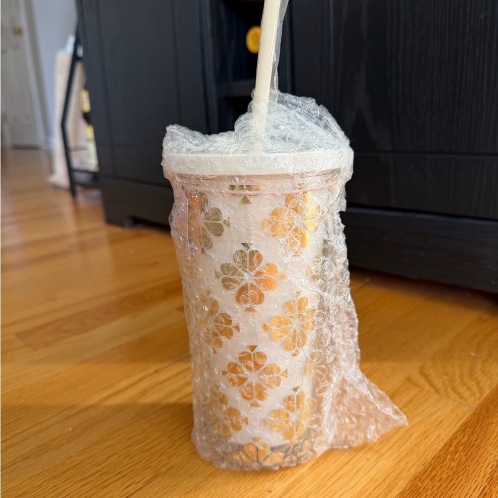 Kate Spade White and Gold 20 oz Floral Travel Tumbler with Straw